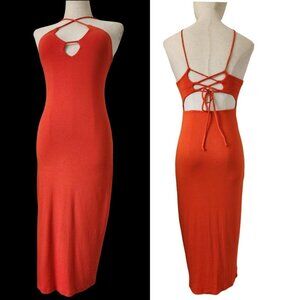 FASHION NOVA Sun Red/Orange Backless Tie-Back Midi Bodycon Halter Dress. SZ S.